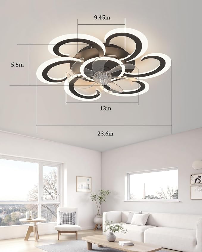 24" Black Flower Ceiling Fan with Light Remote Control, 3 Light Color 6 Speeds Flush Mount Low Profile Ceiling Fan for Bedroom Kitchen