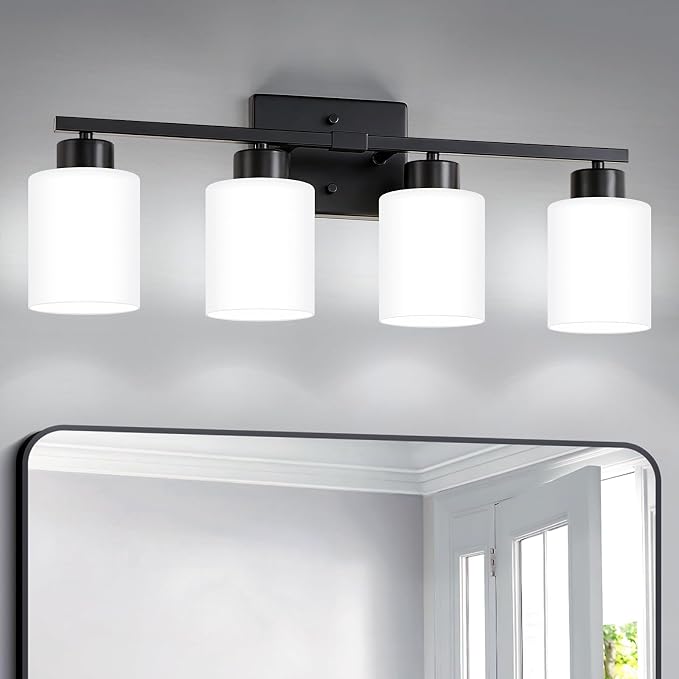 FonmYim Black Bathroom Light Fixtures, 4-Light Modern Vanity Light Over Mirror, Wall Sconces with Milky White Frosted Glass Shades, E26 Socket (Bulbs Not Included)