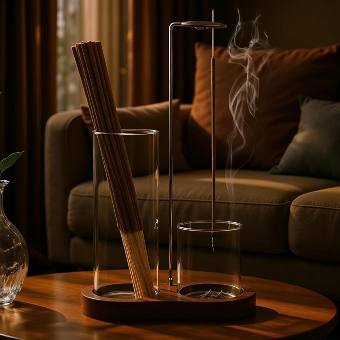 Modern Incense Burner with Ash Catcher, Hanging Incense Stick Holder Stand, Glass & Wooden Base Incense Holder for Home Meditation Decor (Natural Wood)