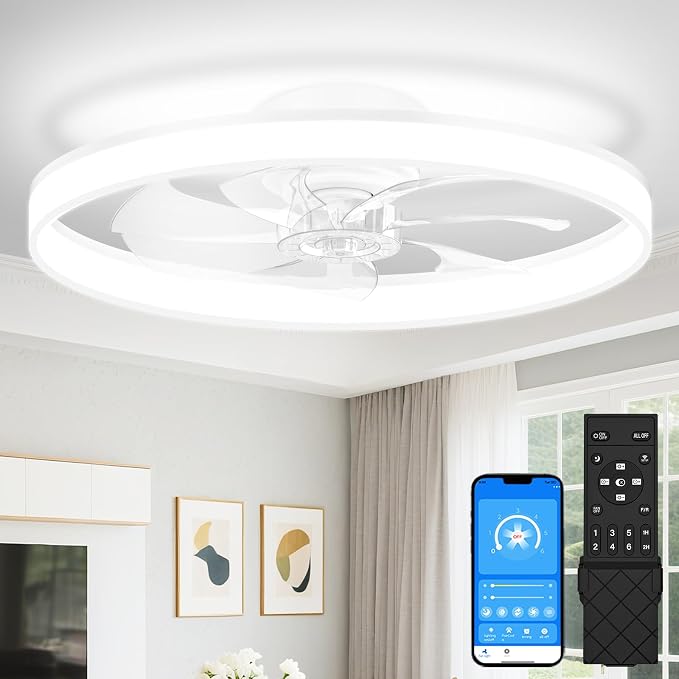 VOLISUN Low Profile Ceiling Fans with Lights and Remote, 24in Fandelier Ceiling Fan Flush Mount, 3000K-6500K Smart Bladeless LED Fan Light, White Modern Ceiling Fans with Lights for Bedroom