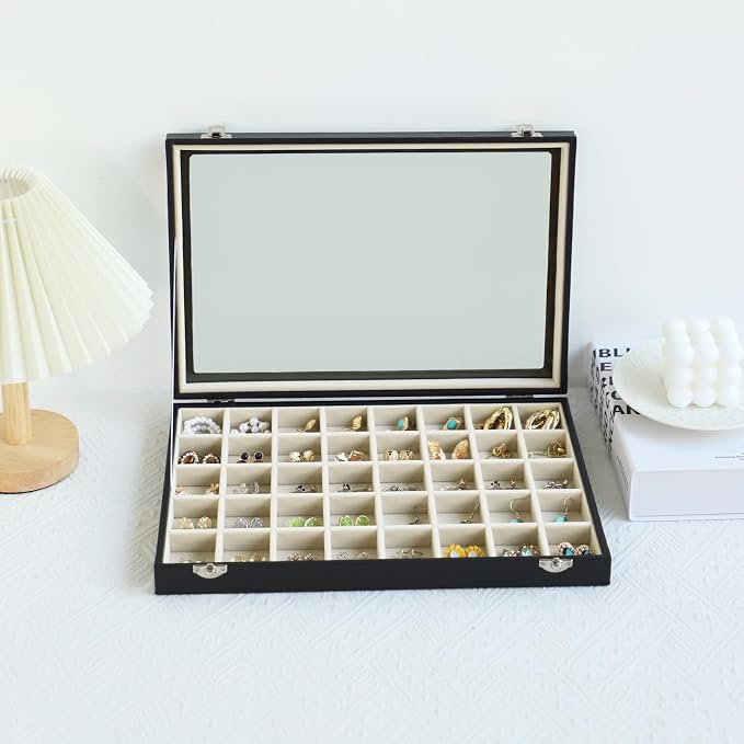 Stratalife 40 Grid Earring Organizer, Jewelry Holder Organizer with Lid | PU Leather Storage Box for Earring, Ring, Studs and Trinkets, Soft Velvet Drawer Organizer for Women, Dustproof, Beige Black
