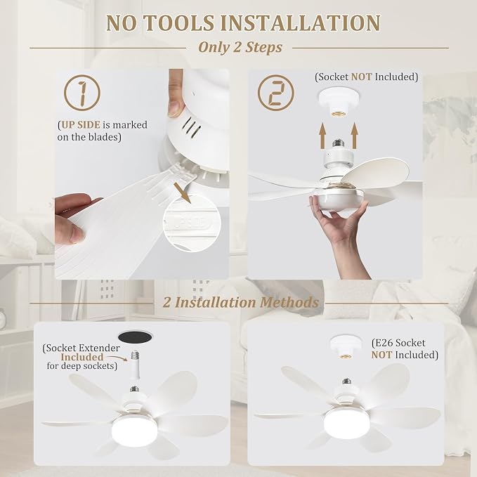 20.5"Socket Fan Light with Remote,E26 Base 40W/3000-6000K Dimming | Portable Small Screw in Ceiling Fan with Light Bulb for Bedroom,Kitchen,Garage,3Color Modes,1900LM 8-Level Dimming Brightness
