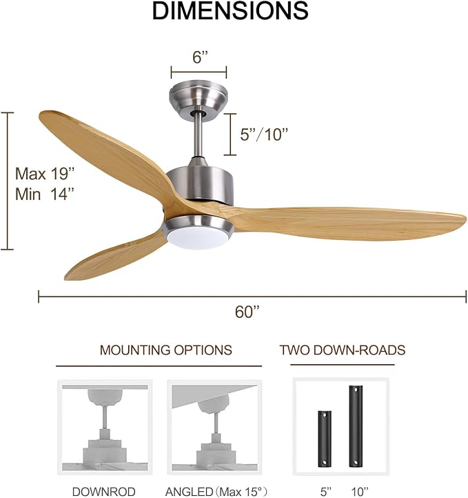 Ovlaim 60 Inch Wood Ceiling Fan with Light, Quiet DC Motor, Smart 6-Speed | 35dB Quiet, Light Wood Blades, 3-Color Dimmable, Memory Function, Reversible Motor, Living Room Patio