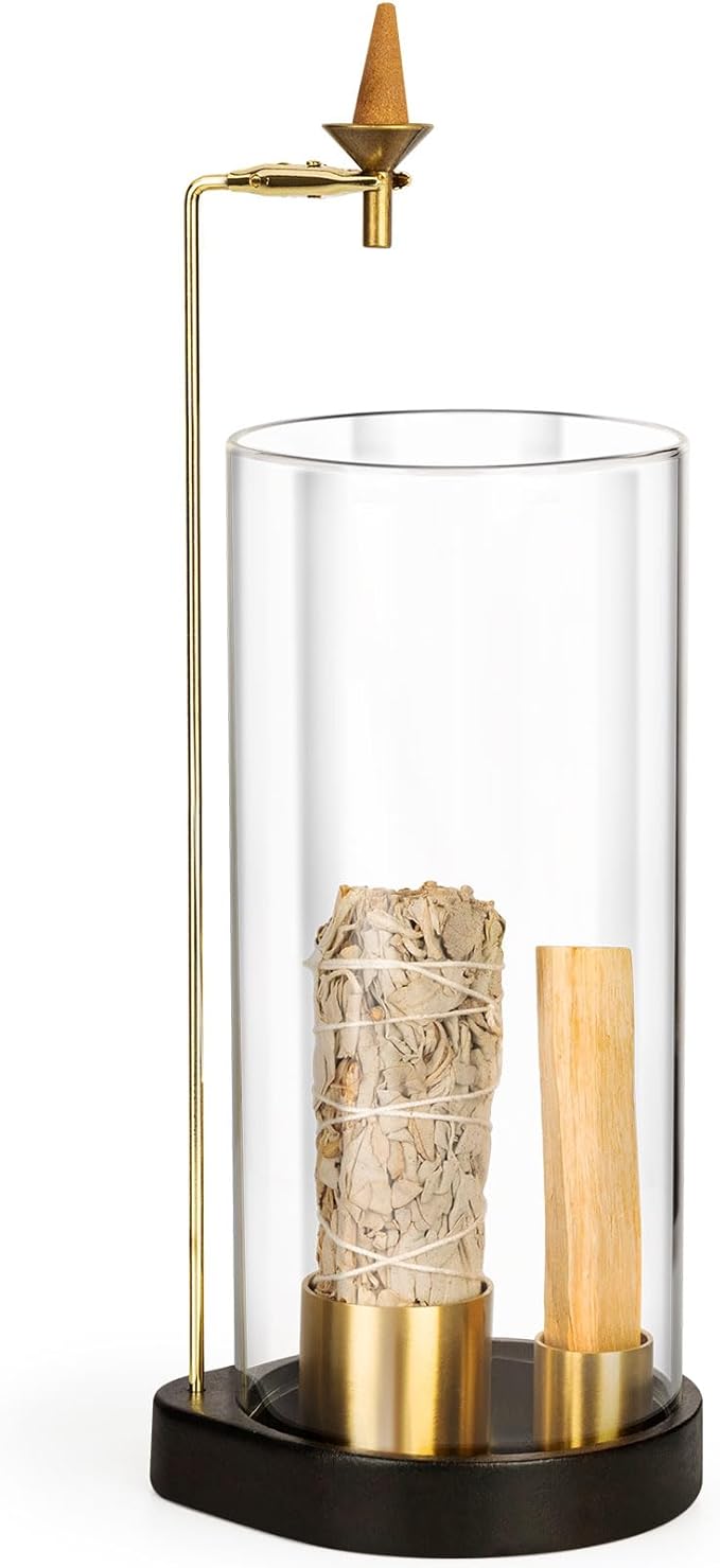 4 in 1 Wooden Incense Burner with Glass, Incense Holder for Candle, Sticks, Palo Santo, Sage and Cones, Wood Ash Catcher Tray for Meditation Yoga Room Home Decor (Glass)