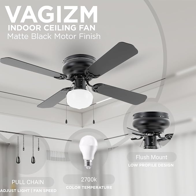 42 Inch Ceiling Fan Traditional: Flush Mount with LED Light - Pull Chain Control- Dual Finish Blades - Reversible for Bedroom, Home Office（Matte Black）