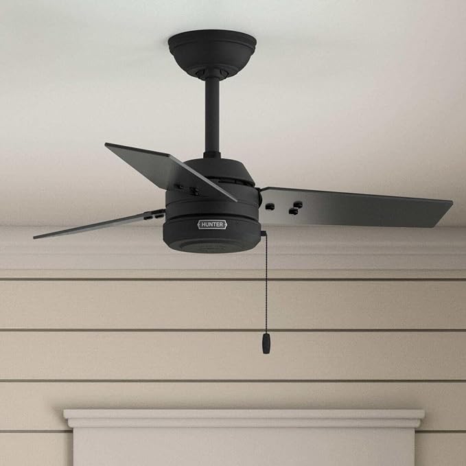 Hunter 36" Cassius Indoor/Outdoor Ceiling Fan, Pull Chain, Matte Black | Covered patios and porches get a no-light design, droop-free blades, compact scale, and easy setup for small spaces.