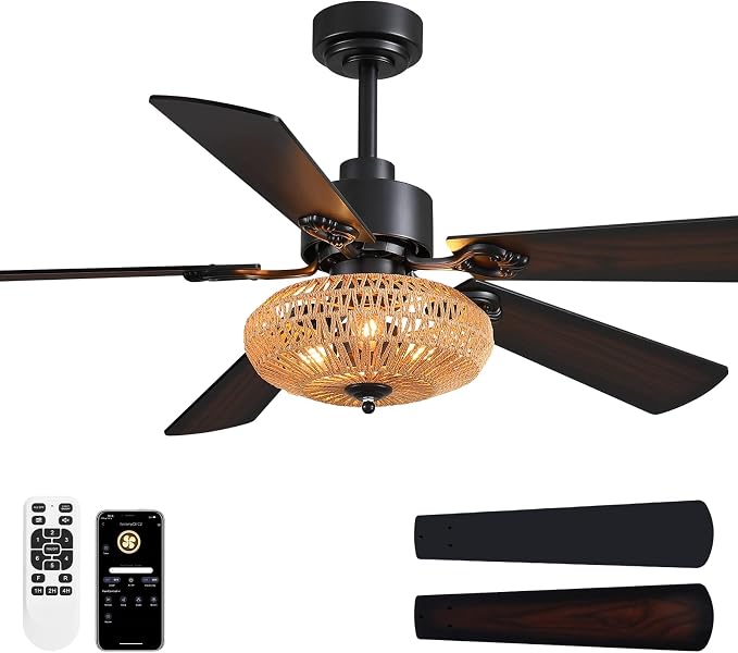 52inch Ceiling fan with Boho Rattan Caged Lampshade, Farmhouse Matte Black Ceiling Fan 5 Blades APP & Remote Control, 6-Speed Remote Dreo Fan Ceiling for Living Room Dining Room Bedroom