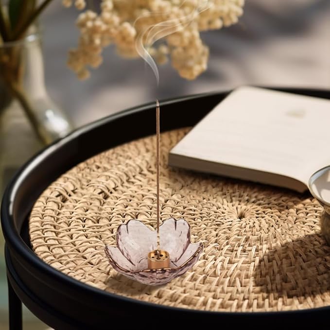 Incense Holder, Glass Cherry Blossom Bowl Incense Holder Set with 3 Styles Copper Incense Accessories for Joss Stick, Tower Incense, Home Office Decoration