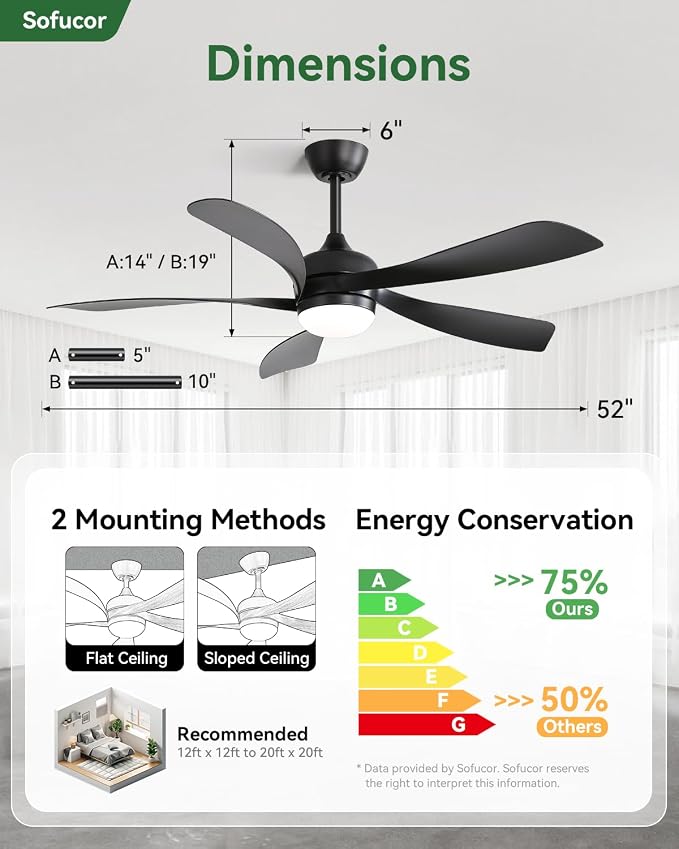 Sofucor 52 Inch Ceiling Fans with Lights and Remote, Outdoor Ceiling Fan with Light 6-Speed 3 CCT 3-Timer, Black Low Profile Ceiling Fan 5 Blade Reversible DC Motor for Living Room Bedroom Patio