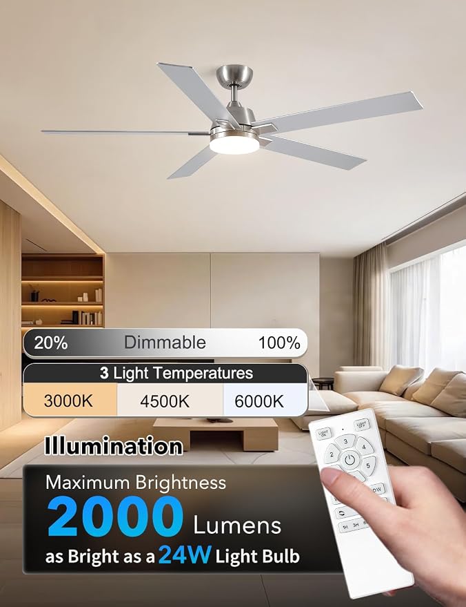 Rayqueen 60Inch Brushed Nickel Ceiling Fans with Lights and Remote,Downrod | 6 Speed Reversible DC motor,3-color temperature dimmable LED.For indoor/covered outdoor.Modern style for bedroom room