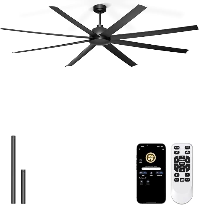 84'' Ceiling Fans No Light - Remote & APP Control, Large Industrial DC Motor Fan for Covered Outdoor Patios, Shop, Garage, Black without Light