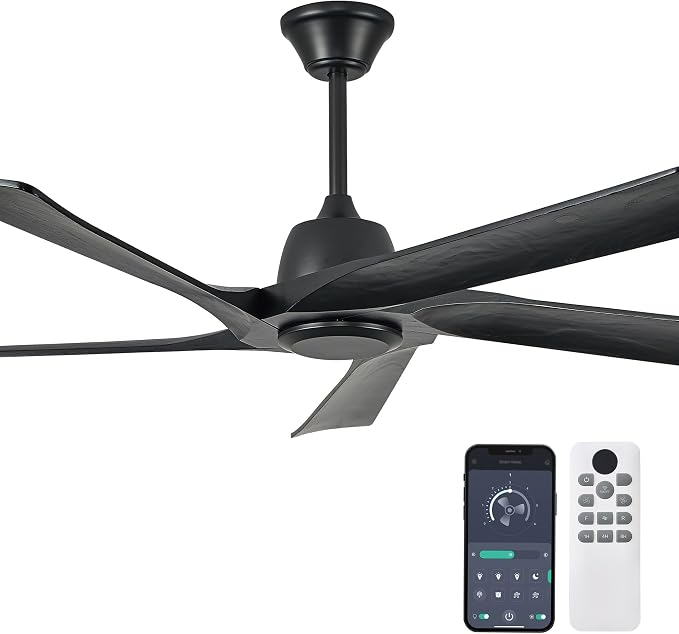 60" Solid Wood Ceiling Fan No Lights, Remote and APP Control, DC Motor, 6-speed Reversible, Ceiling Fans without Light for Bedroom, Living Room, Office, Black