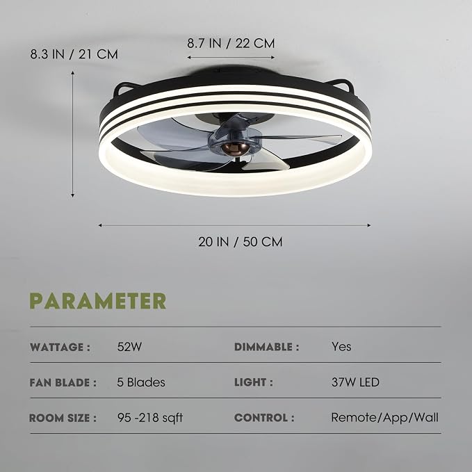 LUDOMIDE Ceiling Fan with Light, Flush Mounted Ceiling Fan with Lights, 6 Wind Speeds Smart Low Profile Fan for Bedroom, Kids Room and Living Room 20" (Black)