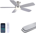 JSAITEE Flush Mount Low Profile Ceiling Fan, 48in Modern Ceiling Fan with Remote, 1/2/4 Timer, 5 Blades Reversible, 3CCT LED Dimming, Indoor Fan for Bedroom, Kitchen - Nickel