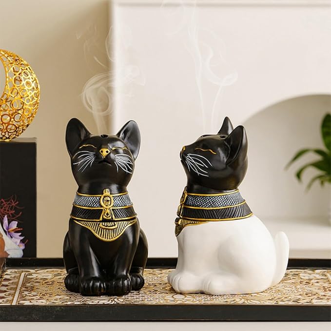 Egyptian Cat Statue Incense Burner, Vintage Resin Meditating Cat Incense Cone Holder, Home Office Aromatherapy Decor for Zen Yoga Spa (Black White)