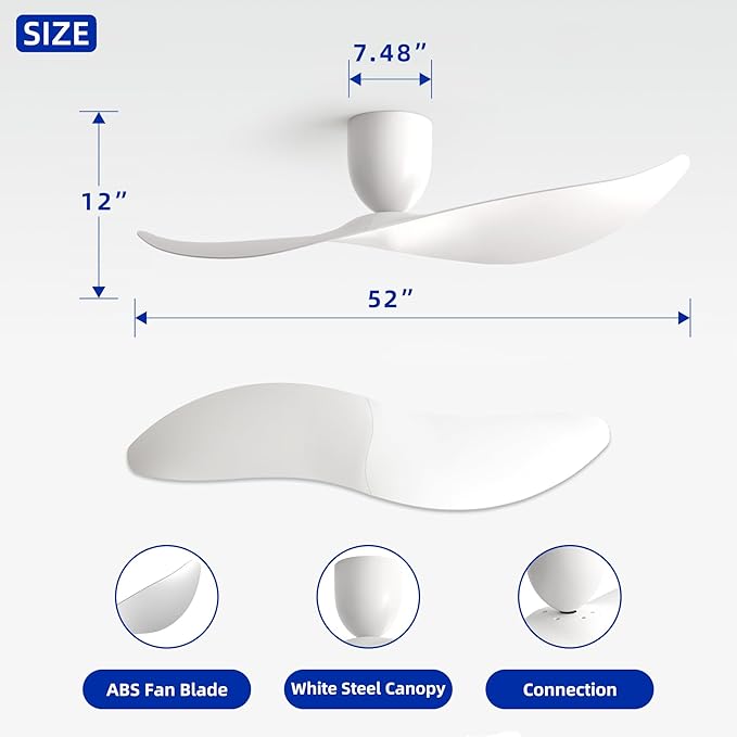 52" White 2 Blades Flush Mount Ceiling Fan with Remote, No Light | Modern Low-Profile, Heat Resistant ABS Blades, 6-Speed Reversible Quiet DC Motor for Balcony, Living Room, Bedroom