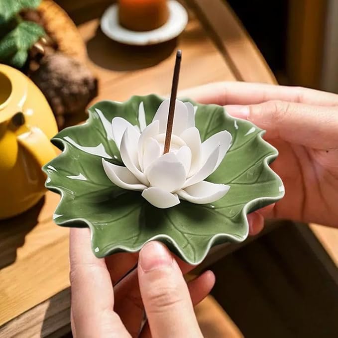 CREATCABIN Lotus Incense Burner Holder Stick Ceramic Detachable Ash Catcher Lotus Leaf Incense Burners Tray for Sticks Home Yoga Teahouse Zen Buddhist Altar Purify Spiritual Supplies White 3.54 Inch