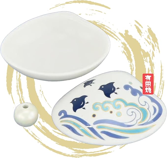 Hasegawa Shell Incense Dish & Holder Set: Heian-Inspired Kaiawase Motif - White with Blue Waves, Pearl-Like Incense Holder - Ideal Gift, Doubles as Decor - Porcelain