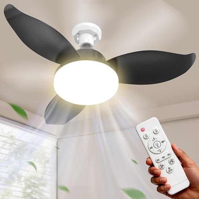 25" Socket Fan Light, Flower Shape 3000 Lumens Small Ceiling Fans with Lights and Remote, E26/E27 Light Bulb Fan with Reversible Motor, Dimmable 3000K-6500K for Bedroom Hallway Garage
