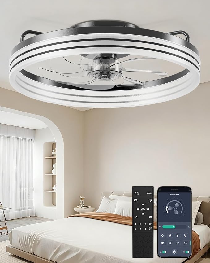 AIKVSXER Ceiling Fan with Lights and Remote, 20in Modern Ceiling Fans | 3000K-6500K Smart Ceiling Fans with Lights, Low Profile Flush Mount Ceiling Fan with Light, Quiet Ceiling Fan for Bedroom