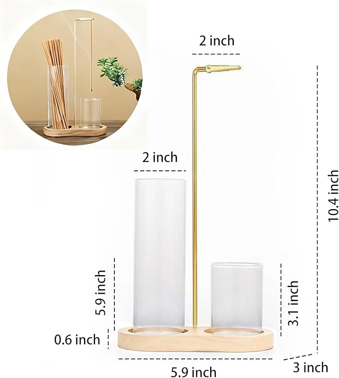 2-in-1 Incense Stick Holder with Glass Ash Catcher, Dual Glass Cups & Metal Clip, Minimalist 8-Shaped Wooden Base, Home Decor Gift (Dark Base)