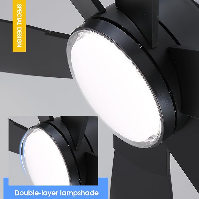 Kviflon 52 Inch Modern Ceiling Fans with Lights Remote Control, Low Profile Flush Mount Ceiling Fan, 6 Reversible Plastic Blades, 6 Speeds 3 CCT Dimmable LED Lights for Bedroom Living Room, Black
