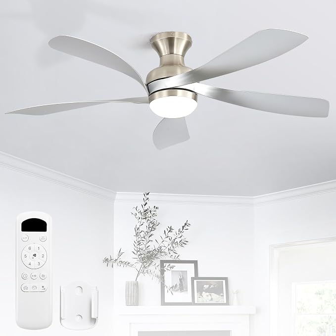 Sofucor 52 Inch Low Profile Ceiling Fan with Light, Flush Mount Outdoor Ceiling Fan with Remote for Bedroom Living Room Patio, Dimmable LED High Airflow Quiet Reversible DC Motor