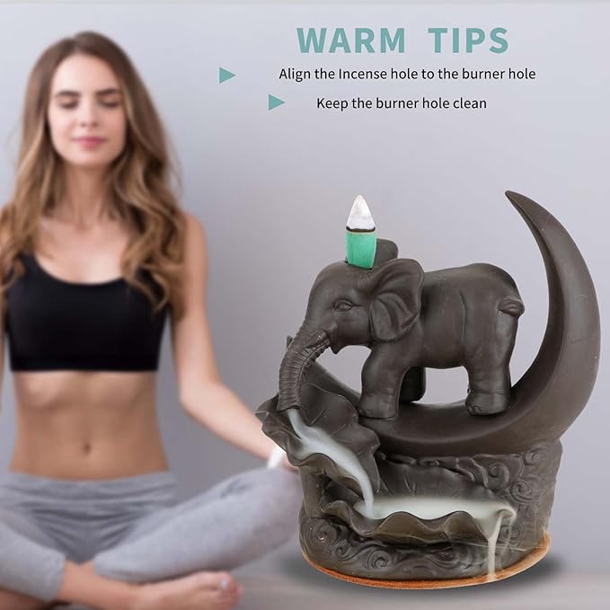 YYW Elephant Backflow Incense Burner Holder Waterfall Incense Cones Burner with 20 Incense Cones,30 Incense Stick,1 Tweezer,1 Mat Gift for Aromatherapy Ornament Home Decor (Small Size)