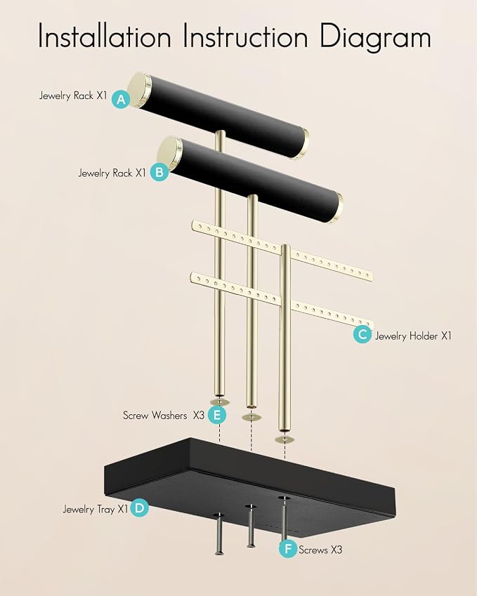 VLANDO 3 Tier Necklace Holder Organizer with Tray, Leather Bracelet Holder Display for Women, Gold Jewelry Stand for Bracelet, Necklace, Earrings, Rings - Black