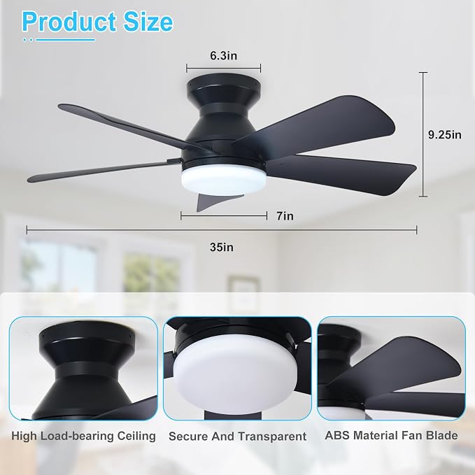 Depuley Modern Ceiling Fan with Light: 35-Inch Black Small Fans for Bedroom Indoor Outdoor - Dimmable Low Profile Ceiling Fans with Remote Control Flush Mount 5 Reversible Black Blades 6 Speeds Timer