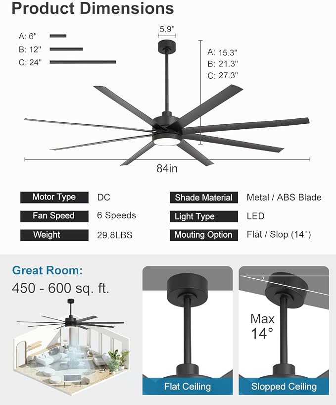 84 Inch Industrial Large Ceiling Fans with Lights and Remote, 8 ABS Blades, 6-Speed Reversible DC Motor, 3CCT LED, 3 Downrods, Big Commercial Ceiling Fan Fandeliers for Warehouse/Garage/Shop/Gym/Porch