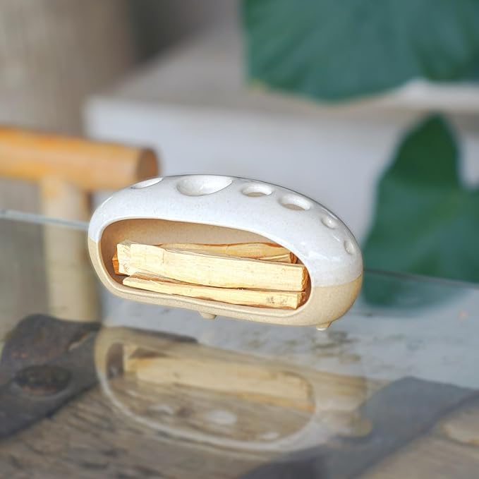 3 in 1 Palo Santo Holder for Sage Bundles Cone Incense, Handcrafted Ceramic Incense Burner Holder Ash Catcher with Chimney, Smudge Bowl for Yoga Meditation Home Decor (Multi - Porous White)