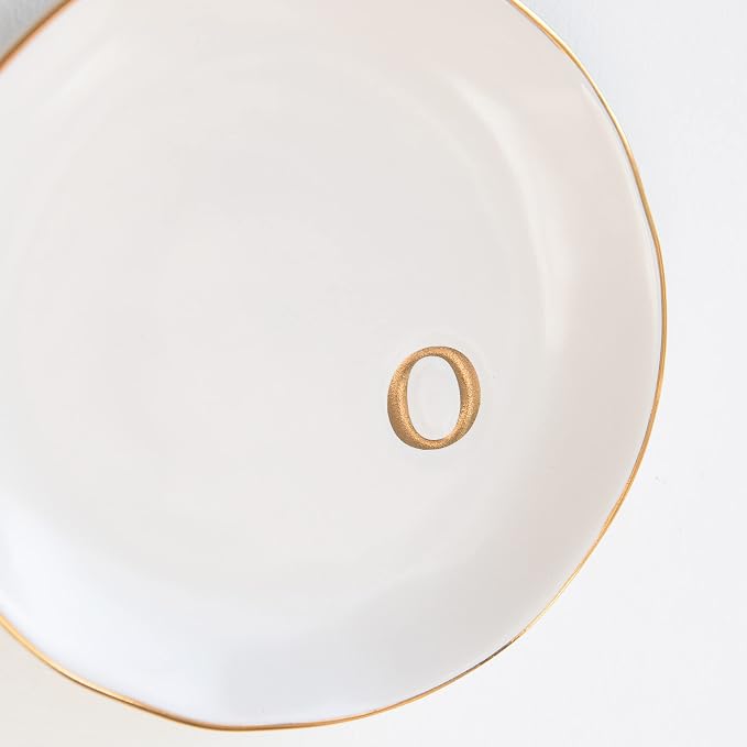 COLLECTIVE HOME Ceramic Jewelry Tray, Trinket Dish, Gifts for Women (O) | Mother's Day, Birthday, Christmas, Engagement Gifts, Vanity, Nightstand Decor, Embossed Gold Monogram Ring Dish with Gift Box