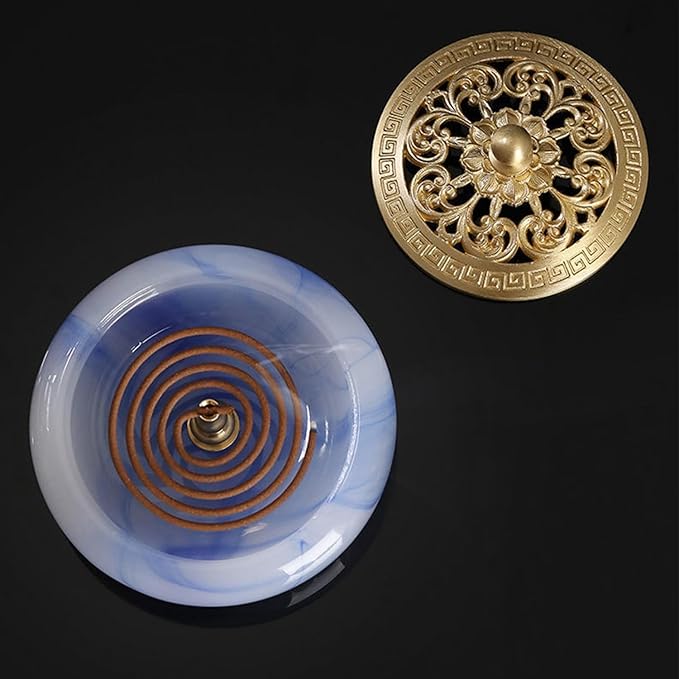 Incense Holder with Brass lid,Cone Incense Burner Suitable for Incense Sticks Coil,Artificial Glazed Jade Censer for Yoga Meditation, Home Decor