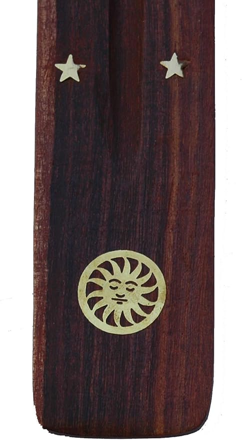 10 Pack Sun Brass Inlay Handmade Wooden Incense Stick Holders, Ash-Catchers