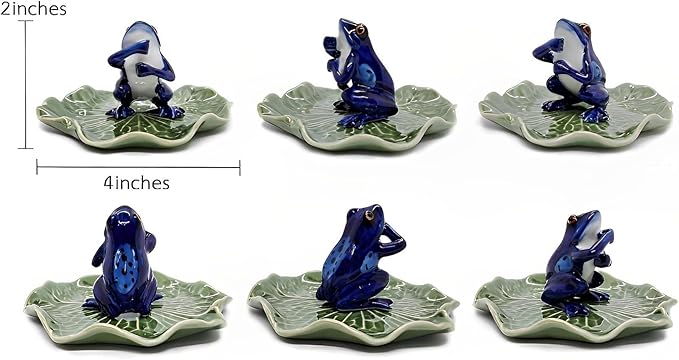 2" Dark Blue Frog On 4" Wide Lotus Leaf Ceramic Incense Stick Holder Artistic Collectible Figurine for Adult Collectors Interior Accent Gift Handcrafted Porcelain Home Room Decor
