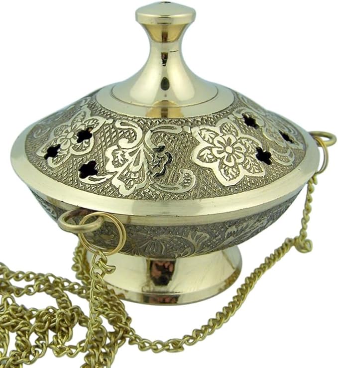 Gold Plate Over Brass Conical Incense Holder, 3 1/2" Dia - 3" H with 9" Chain