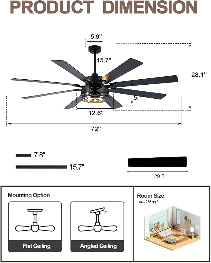 72 Inch Farmhouse Ceiling Fan with Light and Remote Black Rustic Ceiling Fan Quiet and Reversible DC Motor Caged Chandelier Fan for Living Room Bedroom