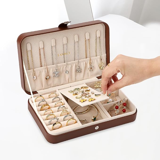 LANDICI Small Jewelry Box for Women Girls, PU Leather Travel Jewelry Case, Portable Jewelry Organizer Storage Holder Display for Ring Earrings Necklace Bracelet Bangle Men Kids Gift, Coffee