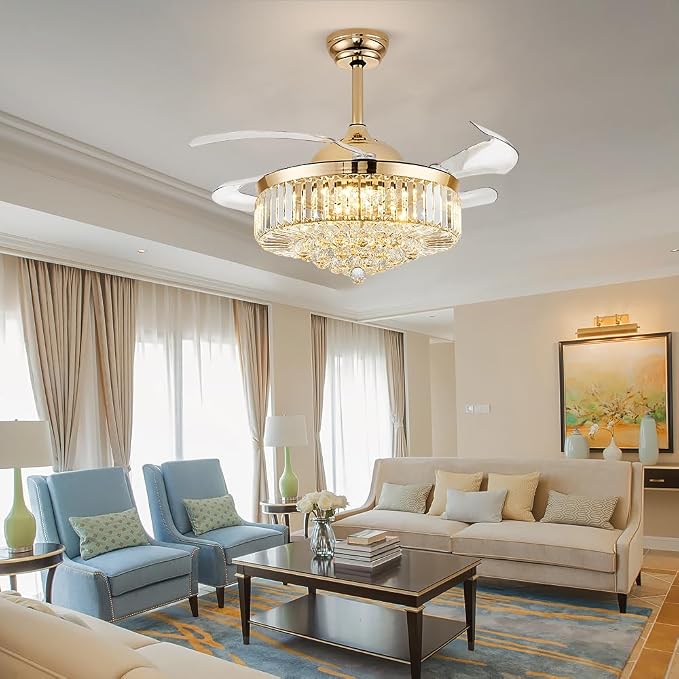 48 Inch Fandelier Ceiling Fans with Light, Chandelier Ceiling Fan, Retractable Crystal Ceiling Fan for Bedroom, Living Room, 3 Color Change, LED Dimmable, 6 Speeds, Reversible DC Motor-Gold