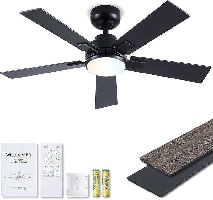Modern Ceiling Fans with Lights - 42 inch Black Outdoor Ceiling Fan with Light and Remote, Reversible DC Motor, 6-Speed Quiet 3CCT LED Dimmable for Bedroom, Indoor and Outdoor, Patios, ETL Listed