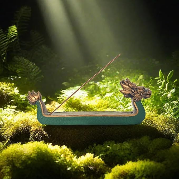 Comeon Retro Incense Burners Traditional Chinese Design Dragon Boat Incense Stick Holder Burner Hand Carved Carving Censer Ornaments (Green)