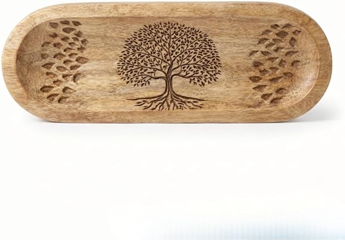Bless-International Traditional-Handmade-Tray-Burner Wooden-Trat-Incense-Stick-Holder Ash-Catcher-Stand for-Aromatherapy-Meditation-Yoga (Nature Tree, 11x4x1.22 Inches)