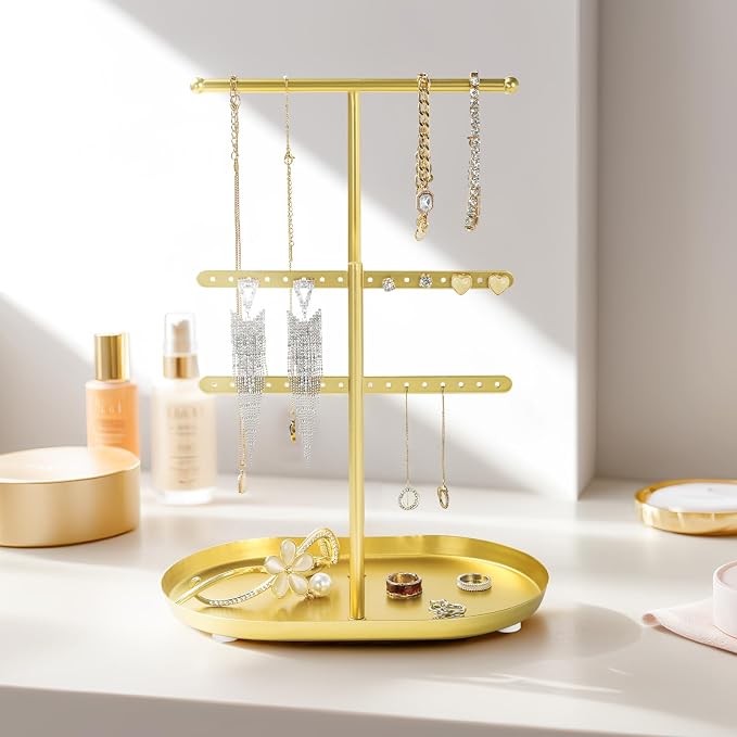 Saydear 3-Tier Jewelry Organizer Stand, Earring Holder Necklace Tree | Gold Metal Earring Rails With Top Necklace Bar, Oval Tray Base, Ideal Vanity Dresser Decor, Gift For Her