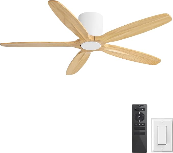 WINGBO 54" Flush Mount Ceiling Fan No Light - 5 Carved Solid Wood Blades, 6-Speed Reversible DC Motor, Dimmable, 3CCT, Low Profile Ceiling Fans without Lights for Bedroom Living Room, White and Oak