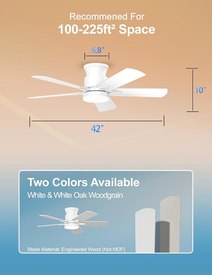 Flush Mount Ceiling Fans with Lights 42 Inch, Remote Control, 3CCT Dimmable, 6 Speeds, Noiseless Reversible DC Motor, Low Profile Hugger White Ceiling Fan for Living Room, Patio, Indoor/Outdoor, ETL