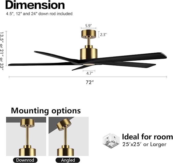 WINGBO 72" DC Ceiling Fan No Light with 3 Downrods, 5 Carved Solid Wood Blades, 6-Speed Reversible DC Motor, Black Large Ceiling Fan without Lights in Brass Finish, ETL Listed