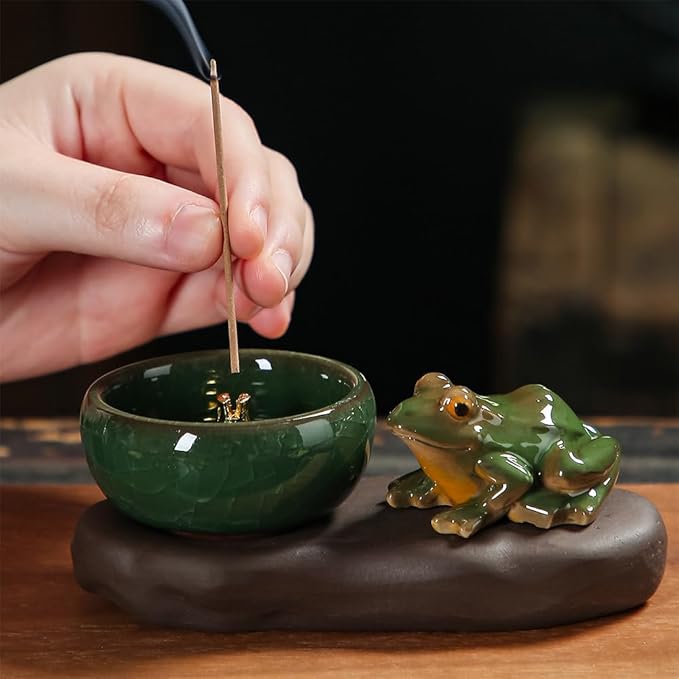 Frog Incense Holder, Ceramic Incense Cone Holder & Incense Holder for Sticks, Handmade Cone Incense Burner, Frog Figurine,Funny Frogs Ornament, Aromatherapy, Yoga & Meditation Zen Decor (Style B)