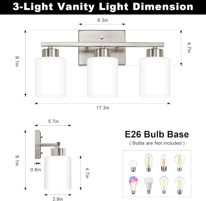 FonmYim Brushed Nickel Bathroom Light Fixtures, 3-Light Modern Vanity Light Over Mirror, Wall Sconces with Milky White Frosted Glass Shades, E26 Socket (Bulbs Not Included)