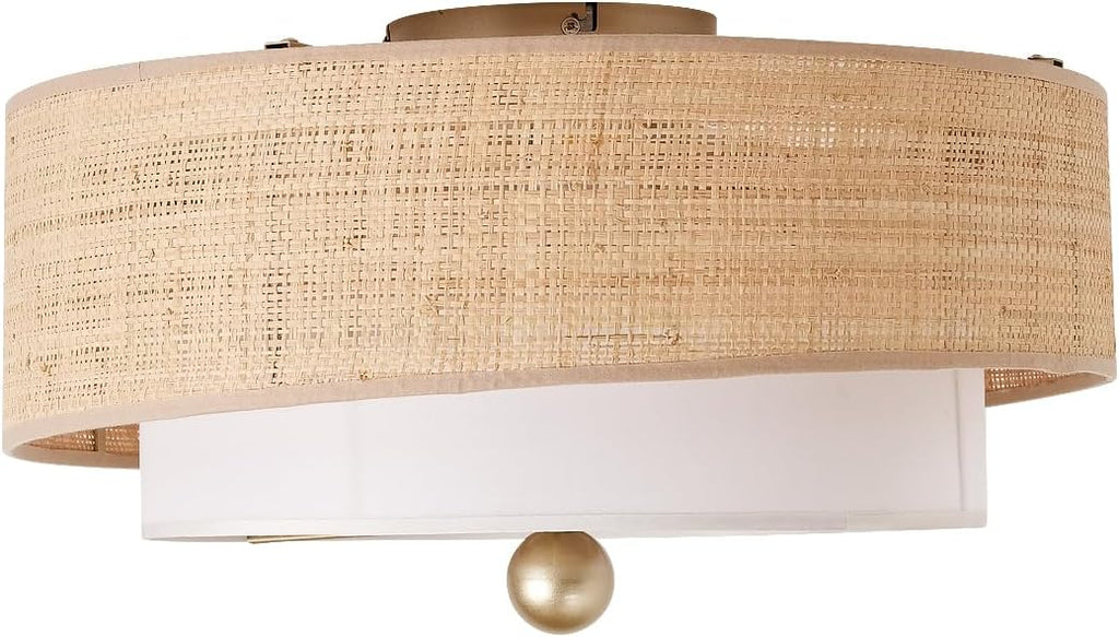 Flush Mount Ceiling Fan with Lights, 20" Caged Boho Ceiling Fan with Light Remote Control, Low Profile Bladeless with 6 Speeds, Drum Rattan Fabric for Bedroom, Nursery, Dining Room, Living Room